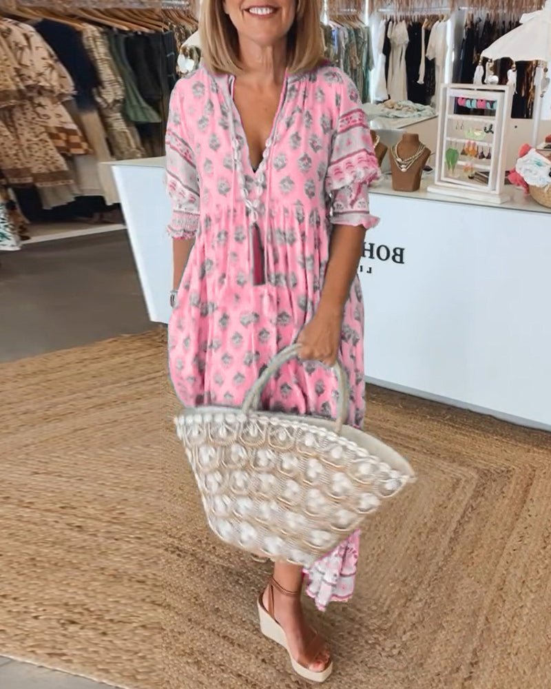 Women's Floral V-Neck Maxi Dress with Puff Sleeves