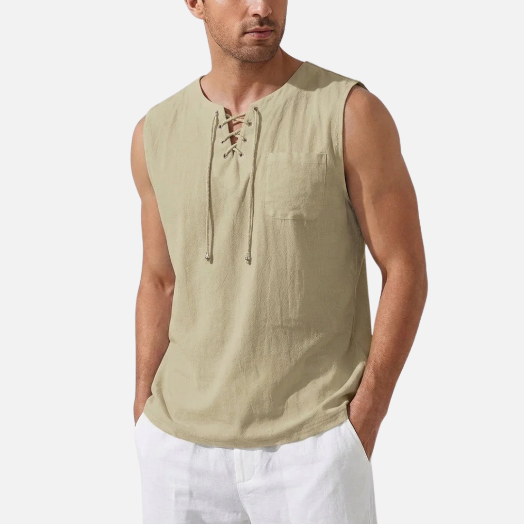 Camiseta sin mangas de lino para hombre | Chaleco de playa con cuello de pico y cordones