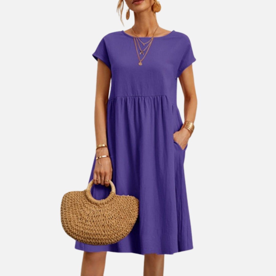 Vestido midi informal de lino para mujer | Vestido estilo smock de manga corta