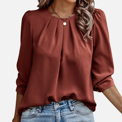 Blusa Elegante de Gasa para Mujer | Manga Abullonada con Cuello Plisado