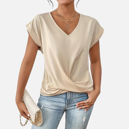 Camiseta de manga corta para mujer con cuello de pico y nudo delantero