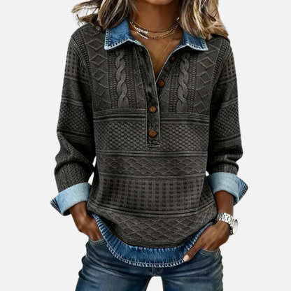 Cassidy | Jersey trenzado de mujer con cuello denim y manga larga