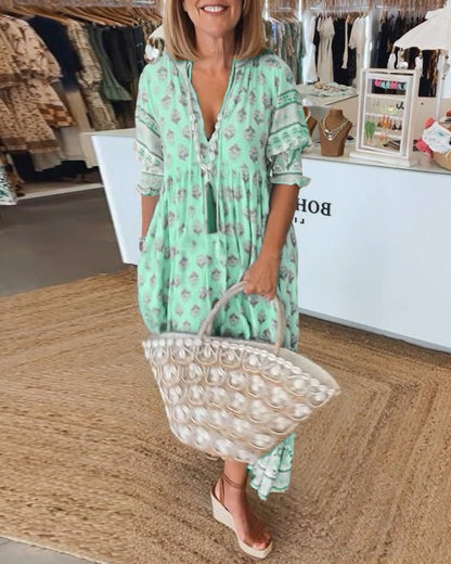 Women's Floral V-Neck Maxi Dress with Puff Sleeves