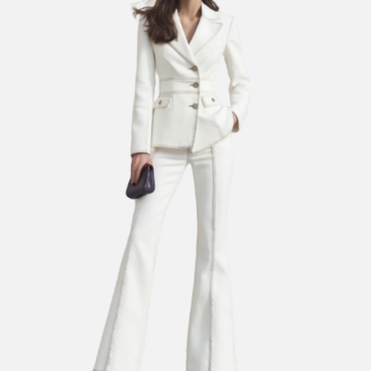 Conjunto de Traje de Blazer Clásico para Mujer | Chaqueta Ajustada con Solapa de Muesca y Pantalones Acampanados Formal
