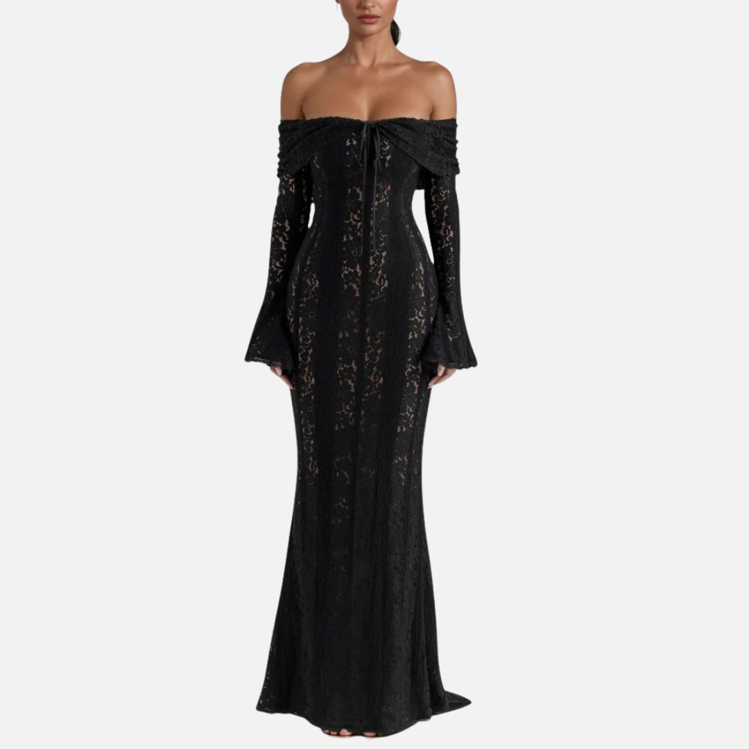 Vestido largo de encaje con hombros descubiertos para mujer - Elegante vestido de noche corte sirena