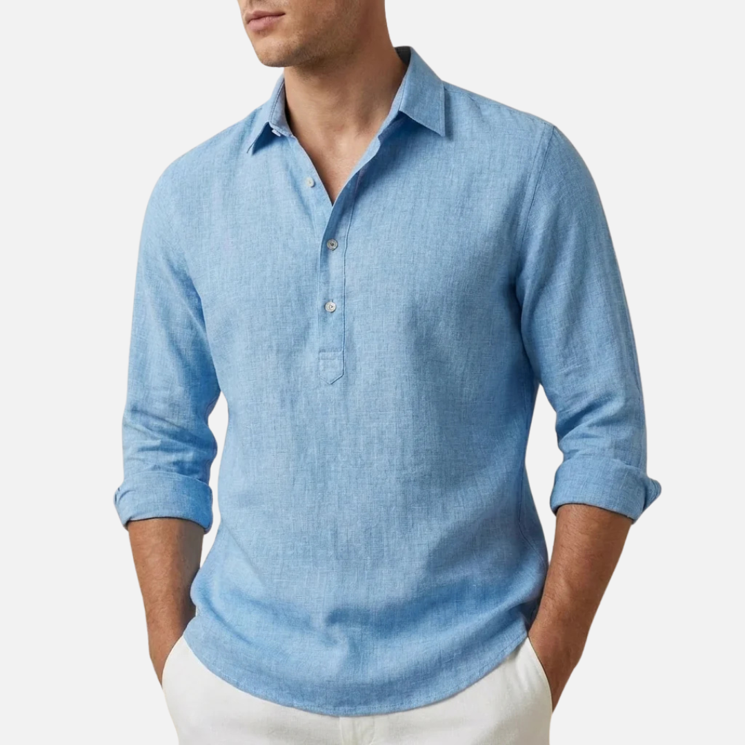 Camisa de lino de manga larga con cuello de pico para hombre