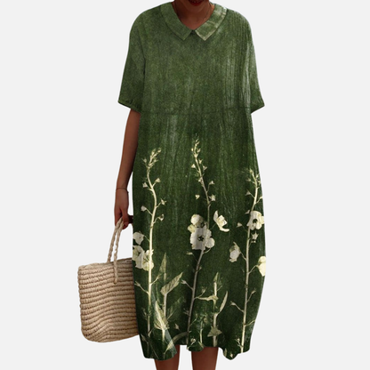 Vestido midi floral para mujer | Vestido de verano informal bohemio de manga corta con cuello en V
