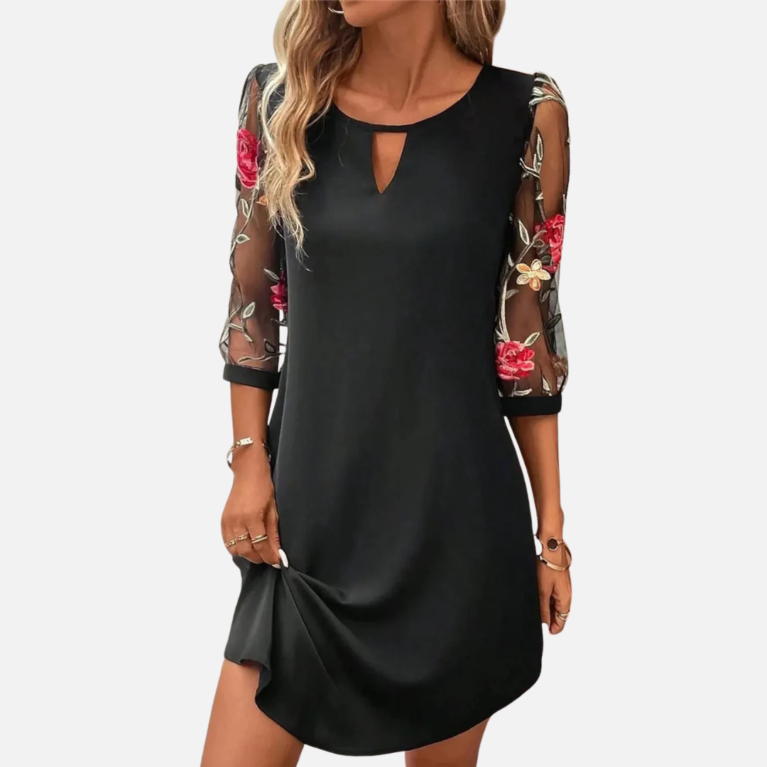 Isabelle | Vestido con manga de malla bordada floral y abertura en la espalda