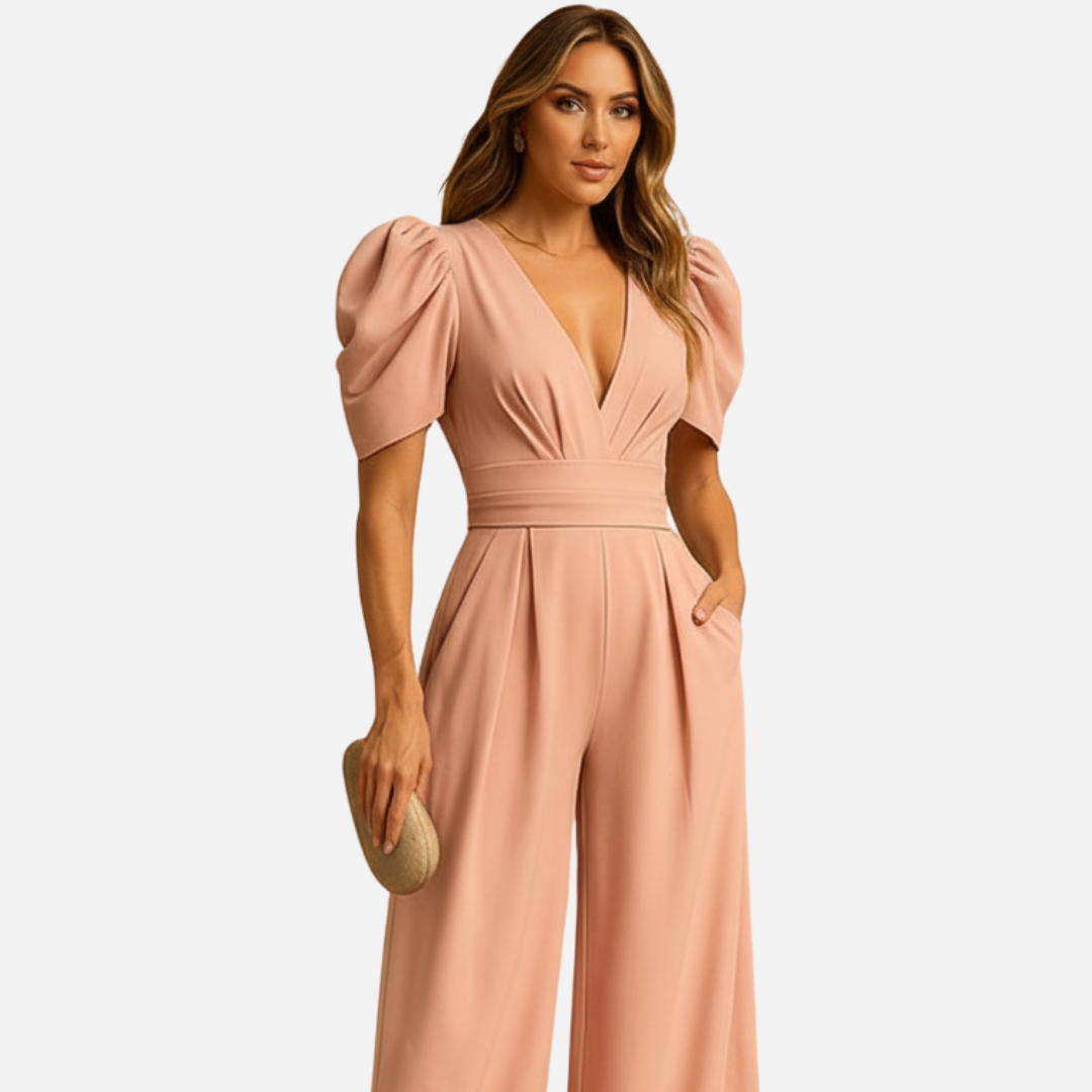 Mono de pierna ancha y manga abullonada para mujer - Ropa elegante para resort