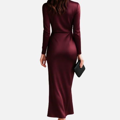 Vestido maxi cruzado de satén formal para mujer | Manga larga