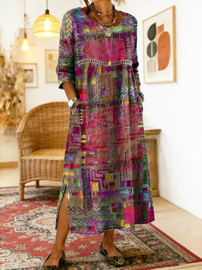 Women's Patchwork Midi Dress with 3/4 Sleeves