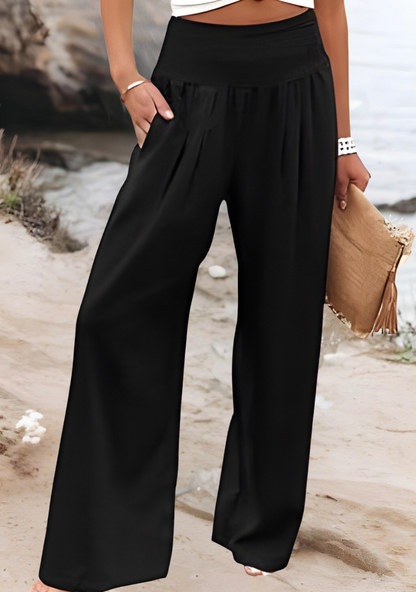 Women's High-Waisted Wide Leg Pants with Smocked Waist