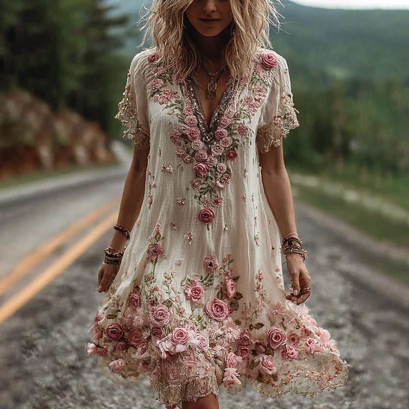 Women's Floral Embroidered V Neck Mini Dress