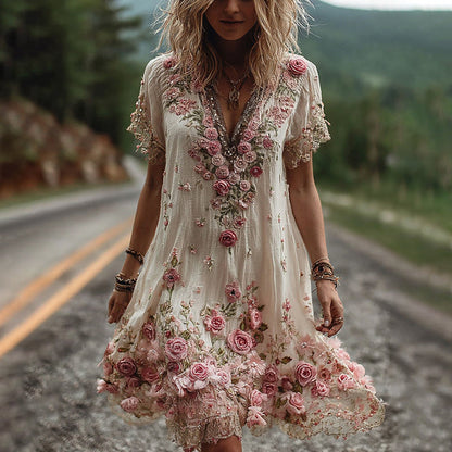 Women's Floral Embroidered V Neck Mini Dress