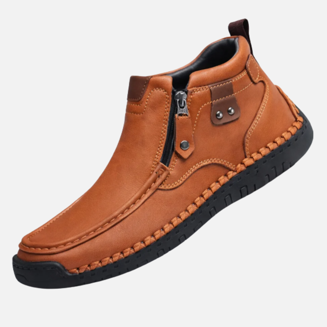 Botines Ortopédicos de Cuero para Hombre | Pespunte Mocasín con Cremallera Lateral