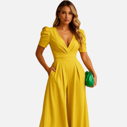 Mono de pierna ancha y manga abullonada para mujer - Ropa elegante para resort