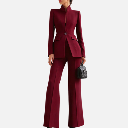 Traje de pantalón de 2 piezas de cuello alto entallado para mujer