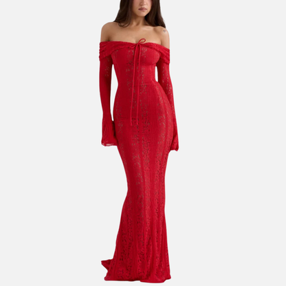 Vestido largo de encaje con hombros descubiertos para mujer - Elegante vestido de noche corte sirena