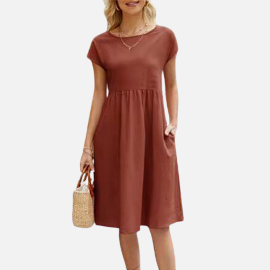 Vestido midi informal de lino para mujer | Vestido estilo smock de manga corta