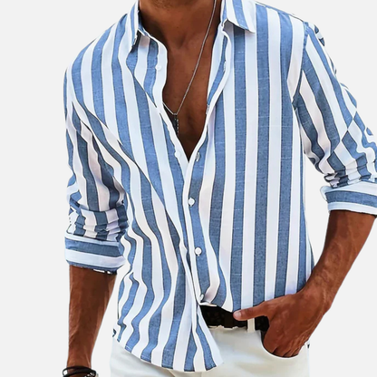Camisa de manga larga de rayas para hombre | Camisa casual de playa con botones