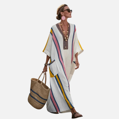 Vestido transpirable de lino a rayas para mujer