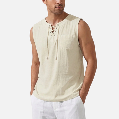 Camiseta sin mangas de lino para hombre | Chaleco de playa con cuello de pico y cordones