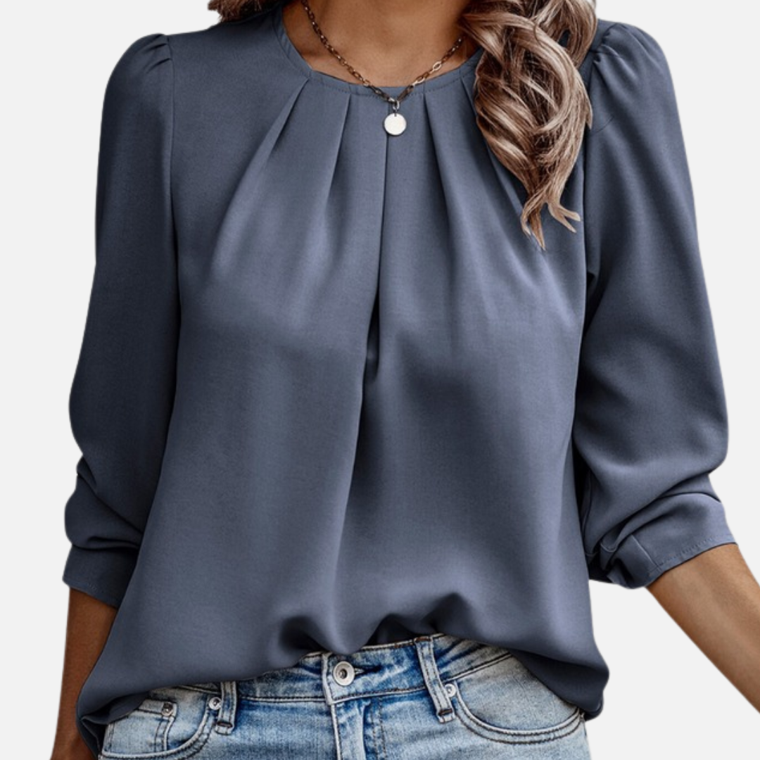 Blusa Elegante de Gasa para Mujer | Manga Abullonada con Cuello Plisado