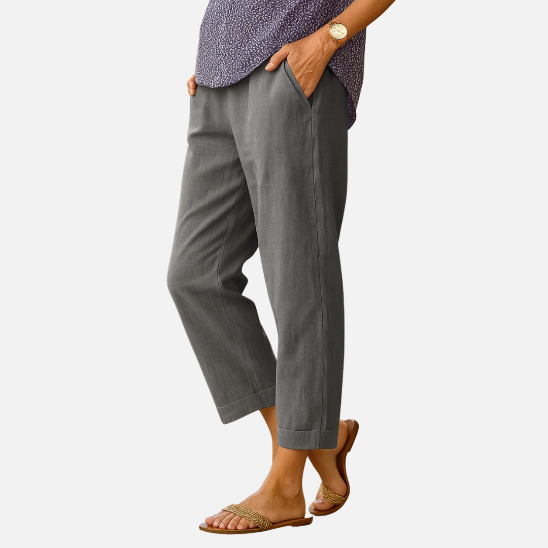 Pantalones casuales de lino para mujer - Pantalones capri cónicos de ajuste relajado