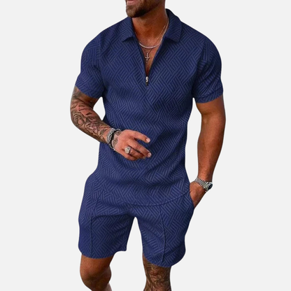 Conjunto de polo texturizado y shorts para hombre | Conjunto de cuello con cremallera informal de verano a juego