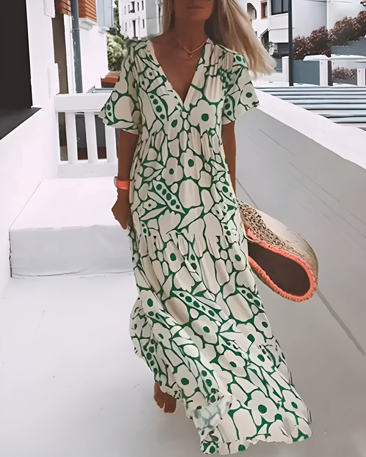 Women's Printed Maxi Dress with V-Neck and Short Sleeves