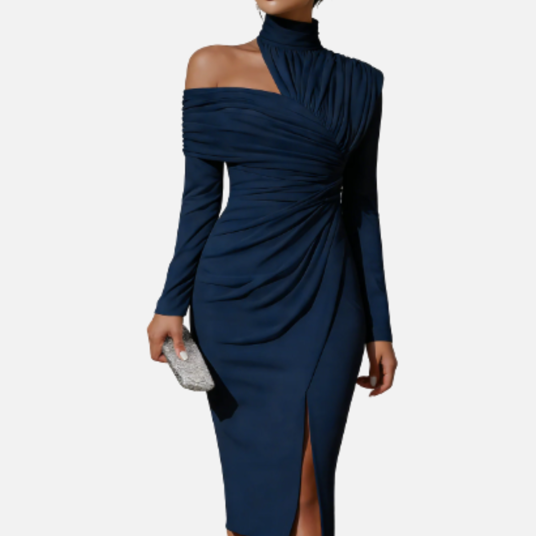 Vestido midi fruncido de cuello alto para mujer