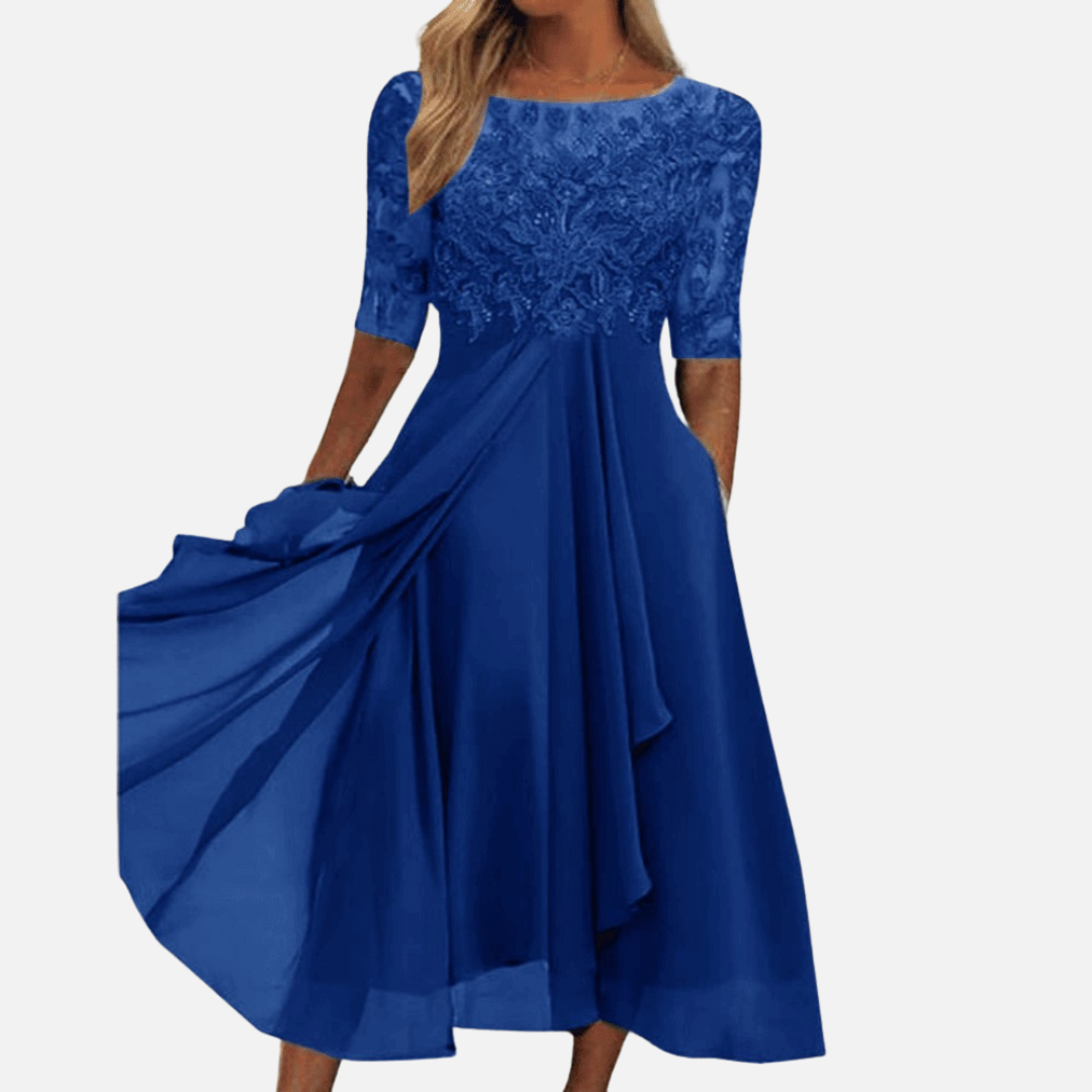 Vestido midi de encaje y gasa formal para mujer | Elegante para invitada de boda