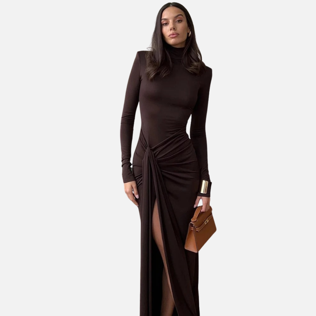 Naomi | Women's Turtleneck Ruched Maxi Dress with Slit