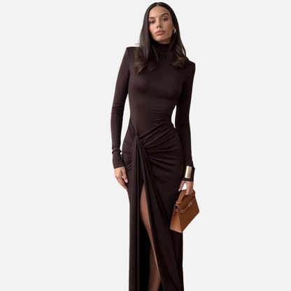 Naomi | Women's Turtleneck Ruched Maxi Dress with Slit