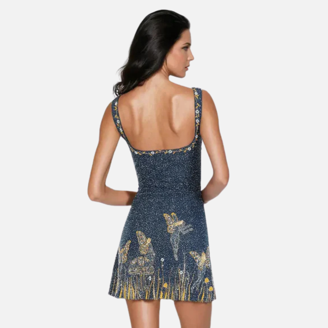 Minivestido con lentejuelas y abalorios para mujer | Cóctel brillante con estrellas