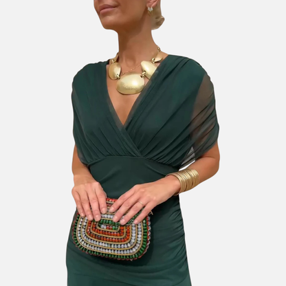 Vestido midi fruncido para mujer con hombros descubiertos
