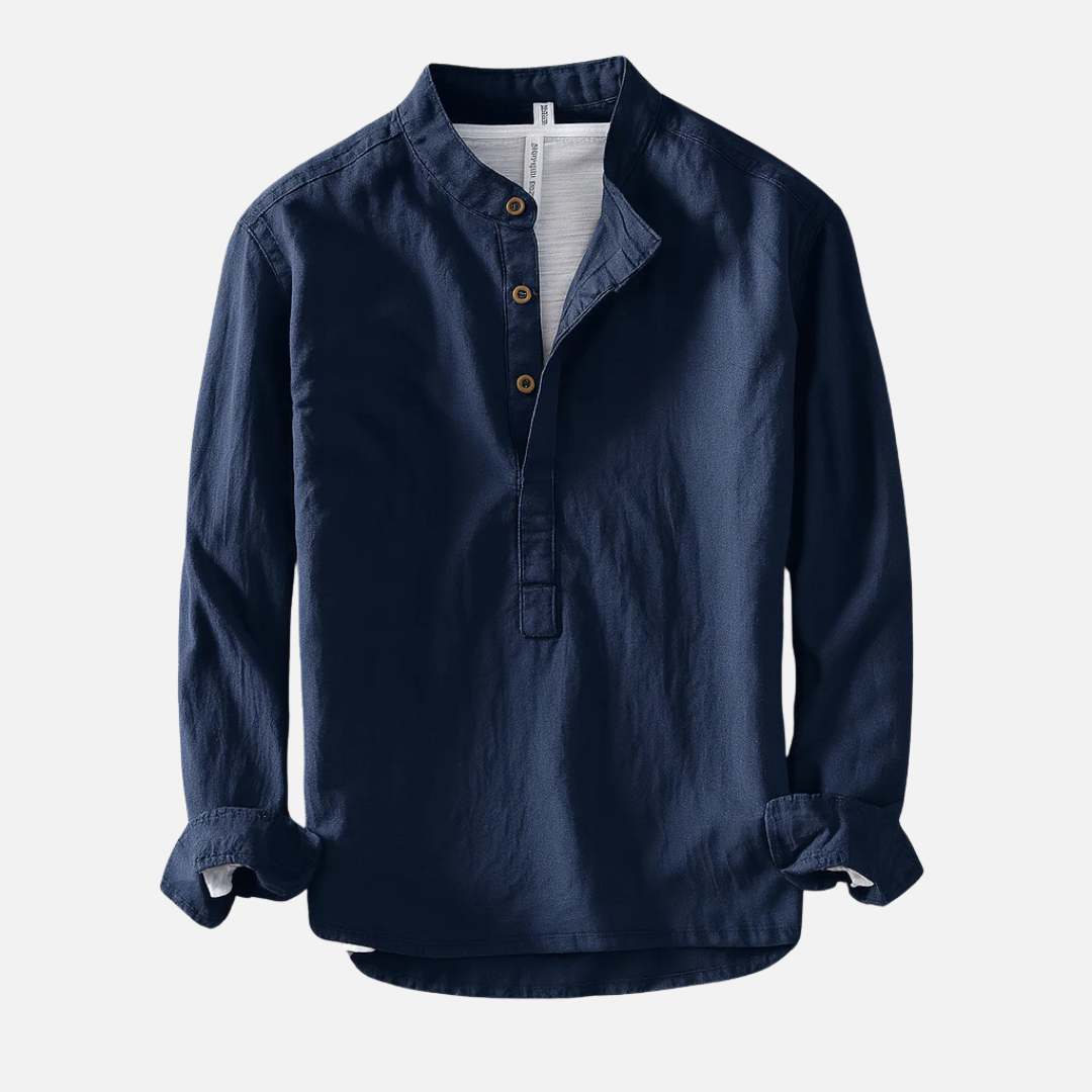 Camisa Henley de lino transpirable de manga larga para hombre