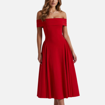 Vestido midi formal de mujer con hombros descubiertos | Plisado de corte A