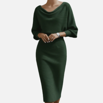Vestido midi de punto buclé con cuello vuelto y manga murciélago para mujer