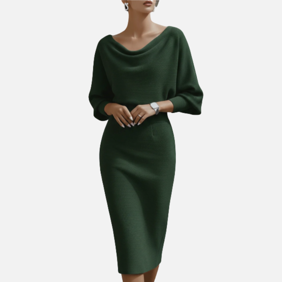 Vestido midi formal de punto con cuello desbocado y manga murciélago para mujer