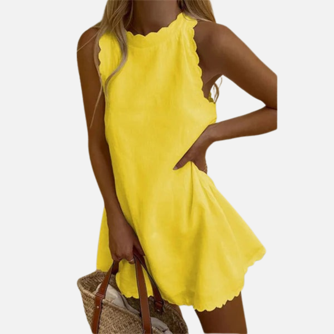 Vestido corto de lino sin mangas para mujer | Con cuello halter y vaporoso para verano