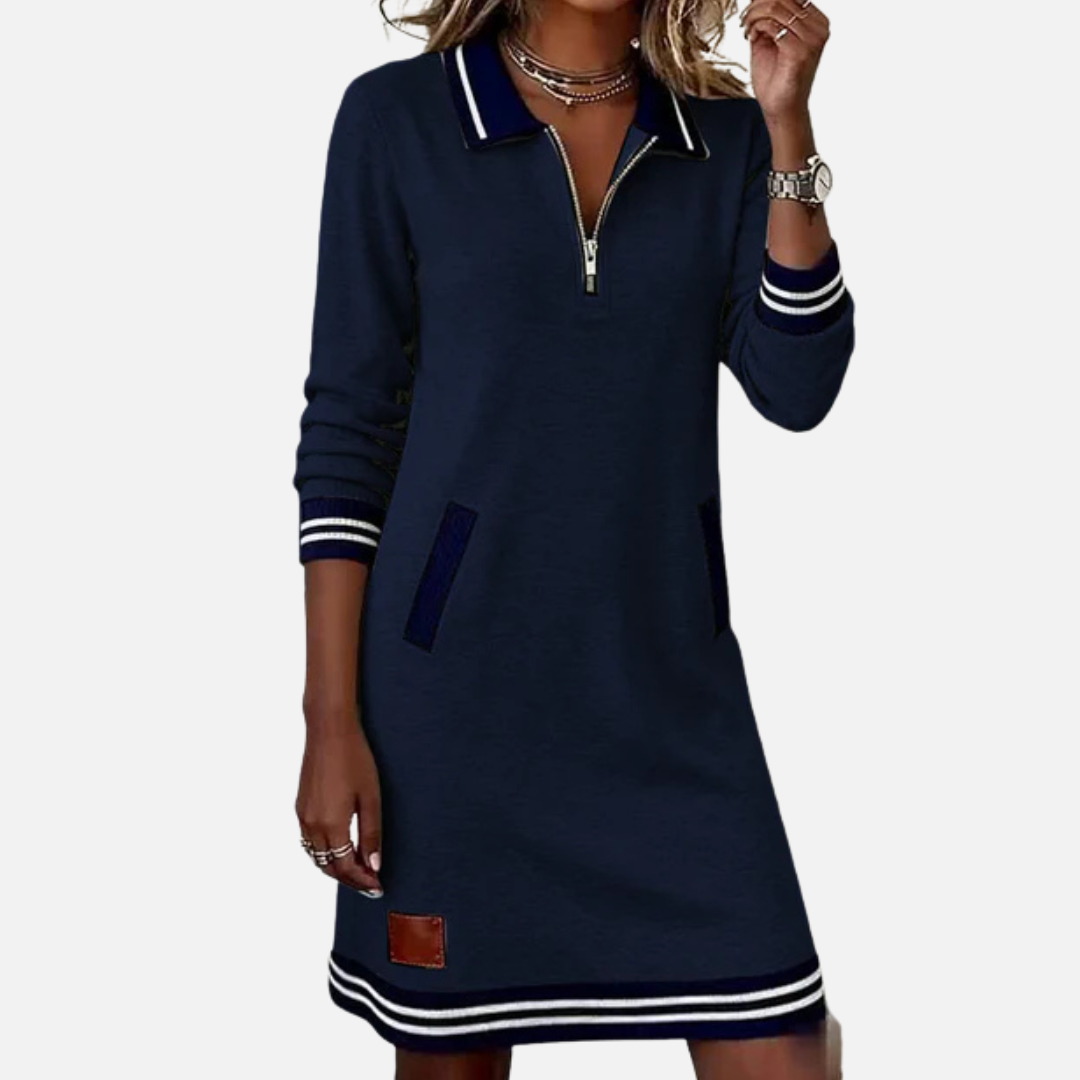 Danielle | Vestido tipo suéter con cuello de cremallera y manga larga con franjas deportivas
