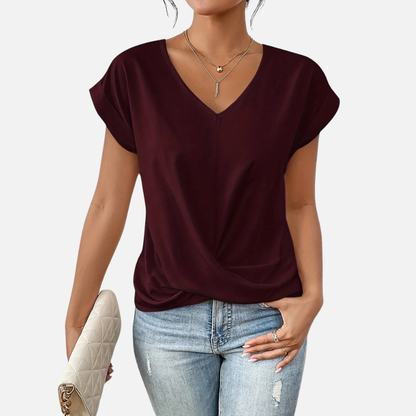 Camiseta de manga corta para mujer con cuello de pico y nudo delantero