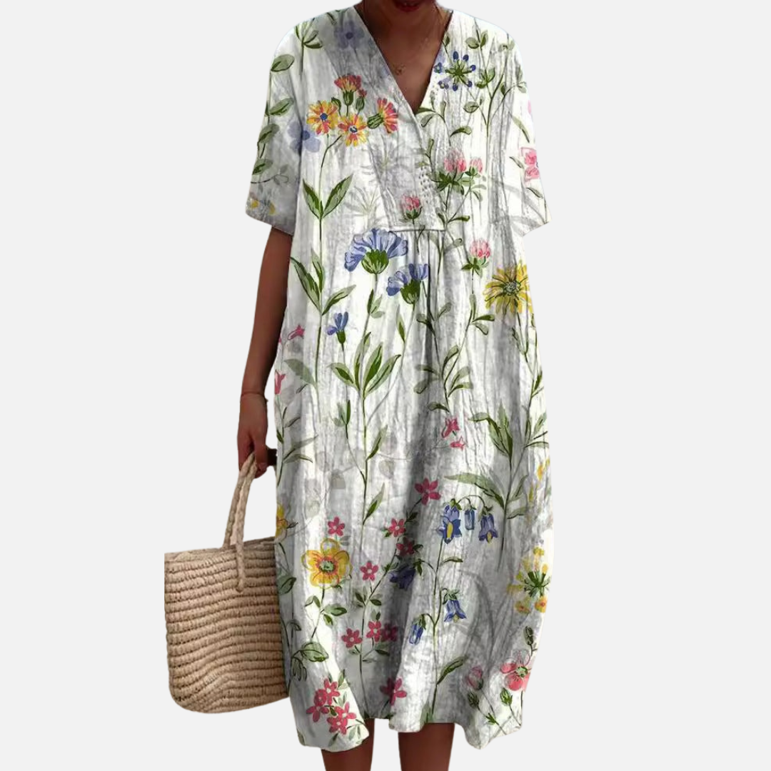 Vestido midi floral para mujer | Vestido de verano informal bohemio de manga corta con cuello en V