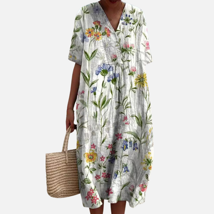 Vestido midi floral para mujer | Vestido de verano informal bohemio de manga corta con cuello en V