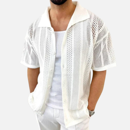 Men's Open Knit Cuban Collar Shirt | Short Sleeve Crochet Button-Up Beach Shirt