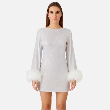 Minivestido de lentejuelas brillantes para mujer - Elegante vestido de fiesta con puños de plumas