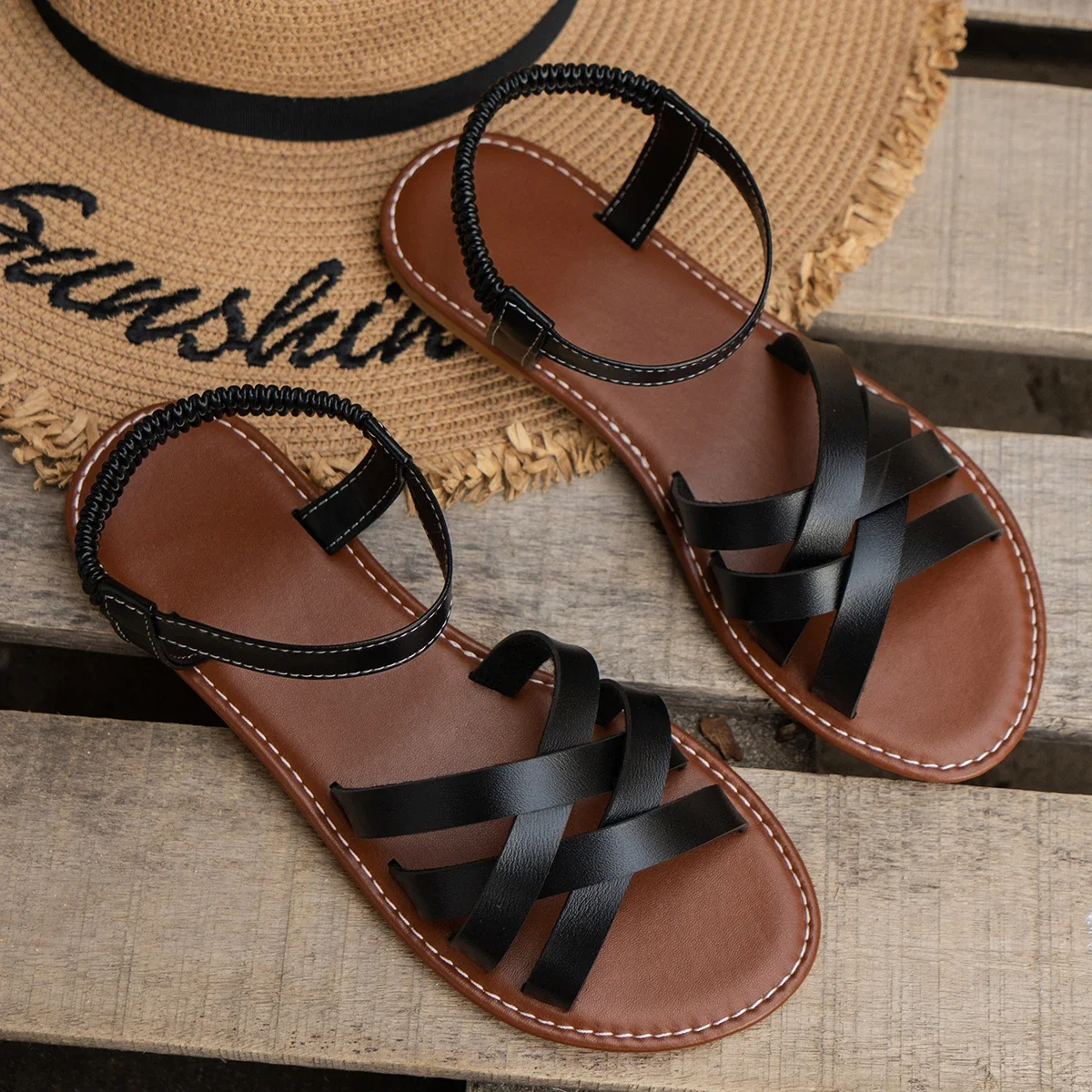 Women's Strappy Flat Sandals with Elastic Ankle Strap