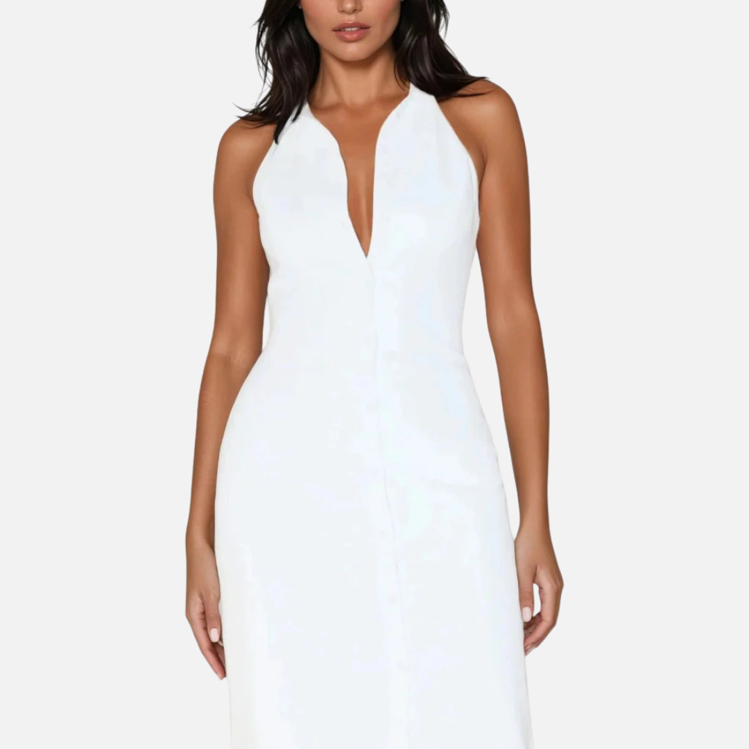 Vestido largo formal blanco con cuello halter para mujer | Espalda descubierta con escote en V pronunciado y entallado