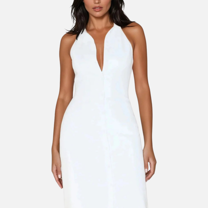 Vestido largo formal blanco con cuello halter para mujer | Espalda descubierta con escote en V pronunciado y entallado